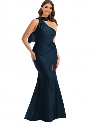 Online Scarf Neck One Shoulder Silky Satin Mermaid Prom Dress with Front Slit UK