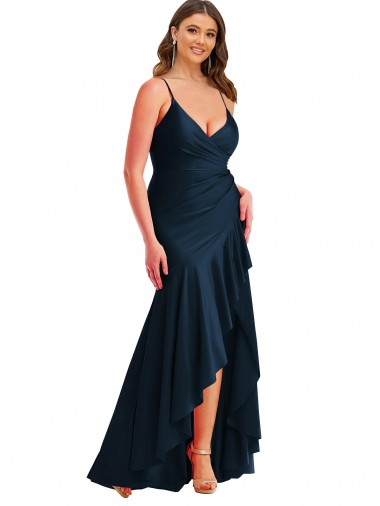 Online Pleated Wrap Ruffled High Low Silky Satin Prom Dress UK