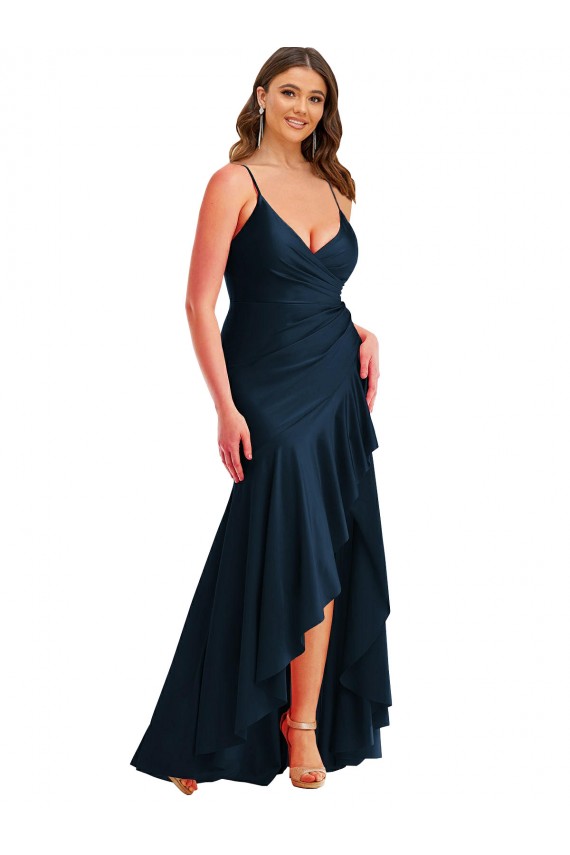 Online Pleated Wrap Ruffled High Low Silky Satin Prom Dress UK