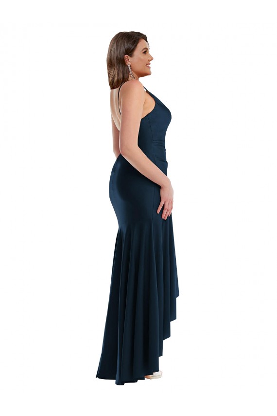 Online Pleated Wrap Ruffled High Low Silky Satin Prom Dress UK