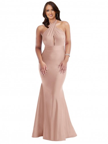 Online Criss Cross Halter Open Back Silky Satin Mermaid Prom Dress UK