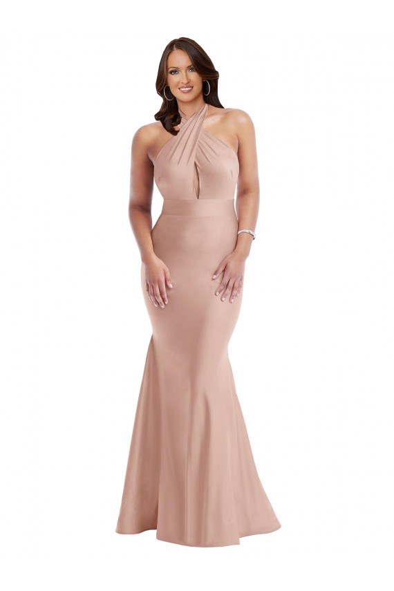 Online Criss Cross Halter Open Back Silky Satin Mermaid Prom Dress UK