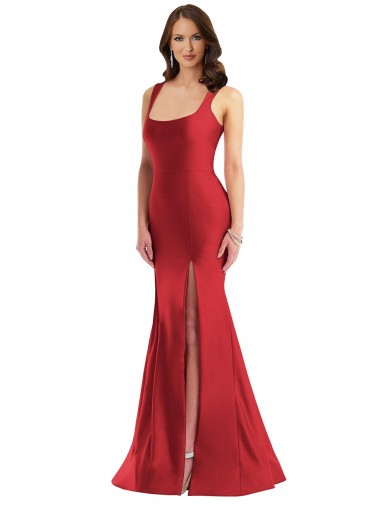 Online Square Neck Silky Satin Mermaid Prom Dress with Side Slit UK