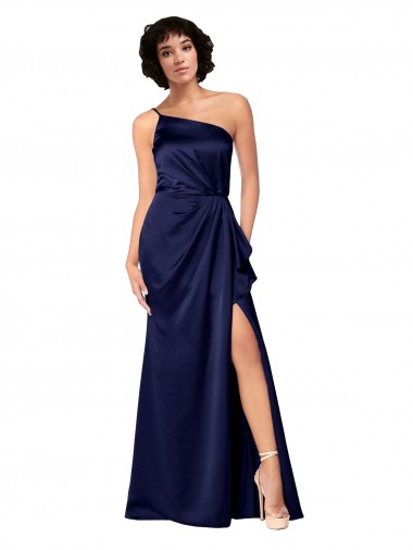 Online One Shoulder Silky Satin Prom Dress with Skirt Slit UK