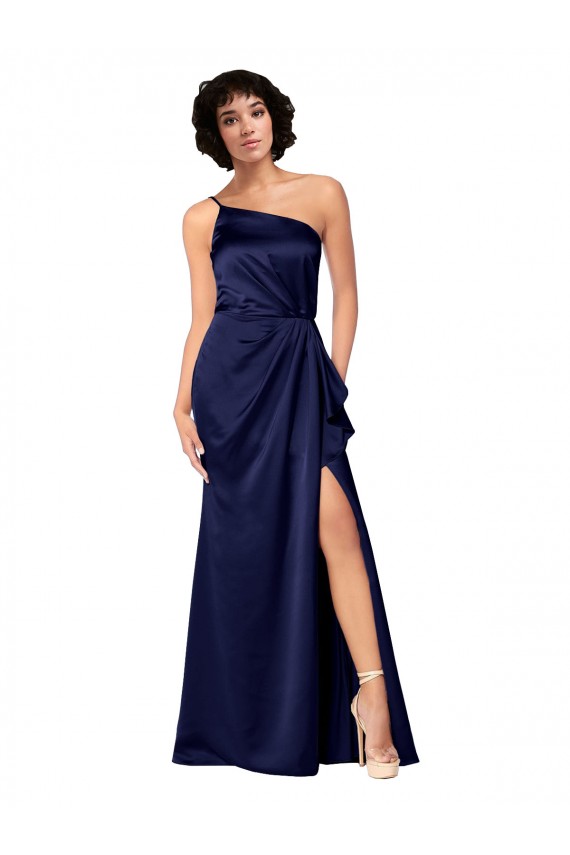 Online One Shoulder Silky Satin Prom Dress with Skirt Slit UK