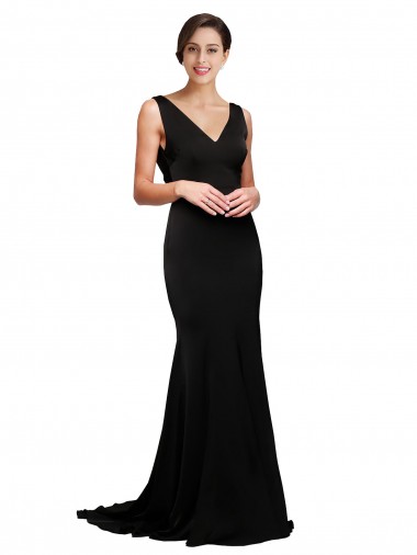 Online V-Neck Full Length Silky Satin Prom Dress with Soft Cowl Neck and Sweep Train UK