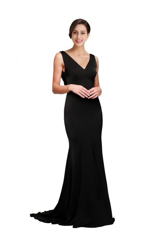 Online V-Neck Full Length Silky Satin Prom Dress with Soft Cowl Neck and Sweep Train UK