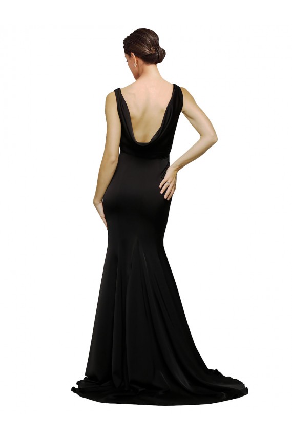 Online V-Neck Full Length Silky Satin Prom Dress with Soft Cowl Neck and Sweep Train UK
