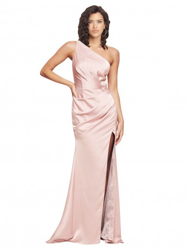 Online Full Length Ruched Silky Satin Prom Dress with Low Back and High Split UK