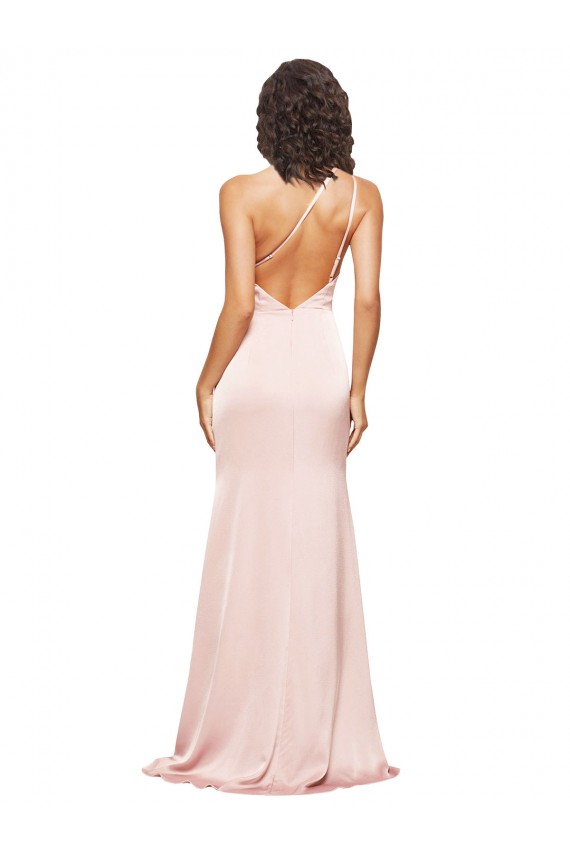 Online Full Length Ruched Silky Satin Prom Dress with Low Back and High Split UK