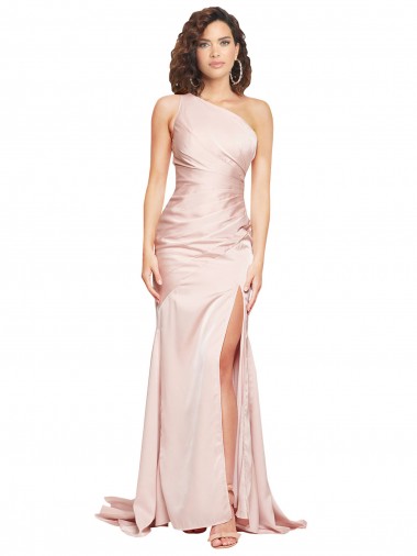 Online Full Length One Shoulder Long Silky Satin Prom Dress with High Split UK