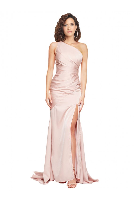 Online Full Length One Shoulder Long Silky Satin Prom Dress with High Split UK