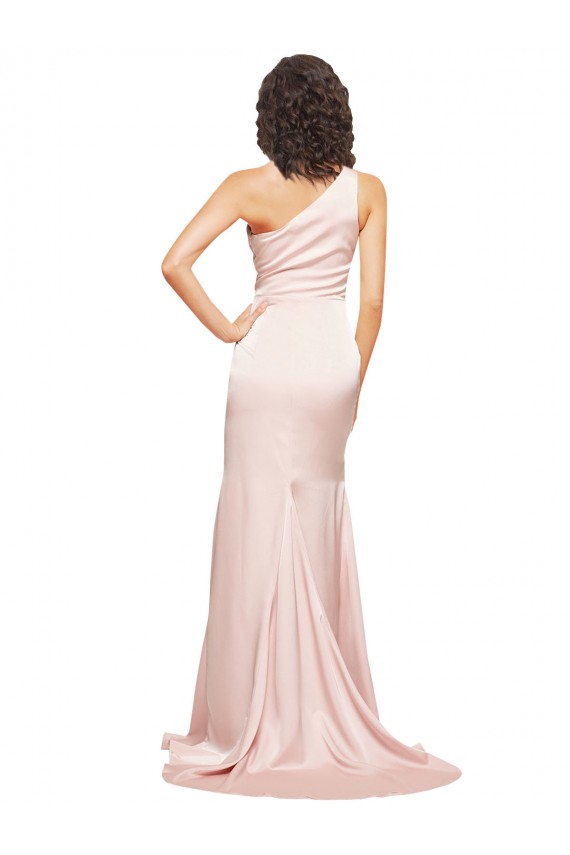Online Full Length One Shoulder Long Silky Satin Prom Dress with High Split UK