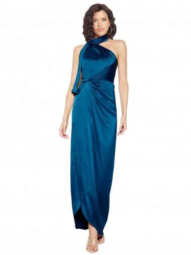 Online High Halter Neck Silky Satin Prom Dress with Sash Overlay and Side Split UK