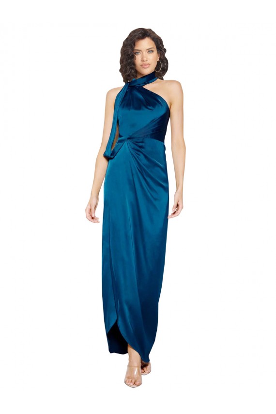 Online High Halter Neck Silky Satin Prom Dress with Sash Overlay and Side Split UK