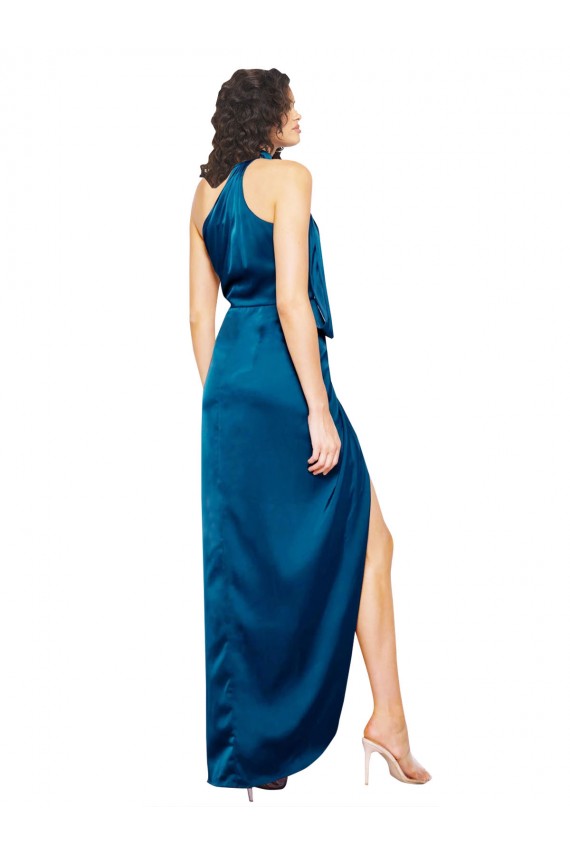 Online High Halter Neck Silky Satin Prom Dress with Sash Overlay and Side Split UK