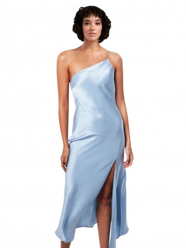 Online Midi Length Short Silky Satin Cocktail Prom Dress / Homecoming Dress with Asymmetric Neckline and High Side Split UK