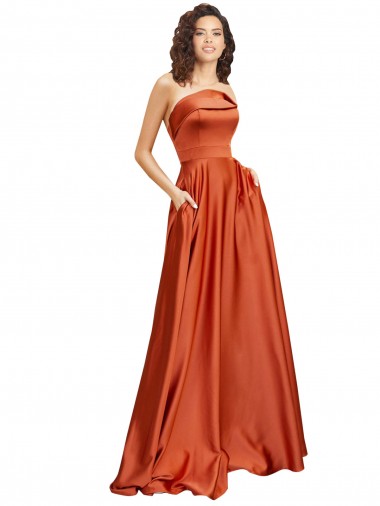 Online Strapless Sweep Train Silky Satin Prom Dress with Pleats UK
