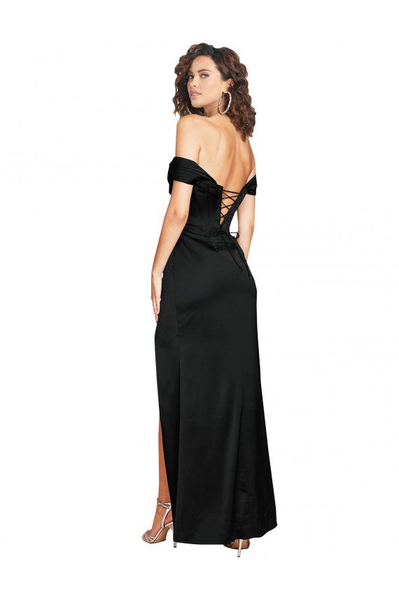Online Fitted Sweetheart Neckline Silky Satin Prom Dress with Off the Shoulder Sleeves and High Slit UK