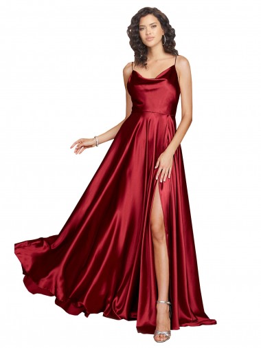Online Cowl Neckline Long Silky Satin Prom Dress with Spaghetti Straps UK