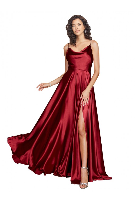 Online Cowl Neckline Long Silky Satin Prom Dress with Spaghetti Straps UK