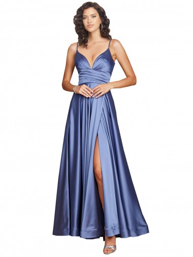 Online Deep V-Neck Sweetheart Long Silky Satin Prom Dress with Thigh High Slit UK