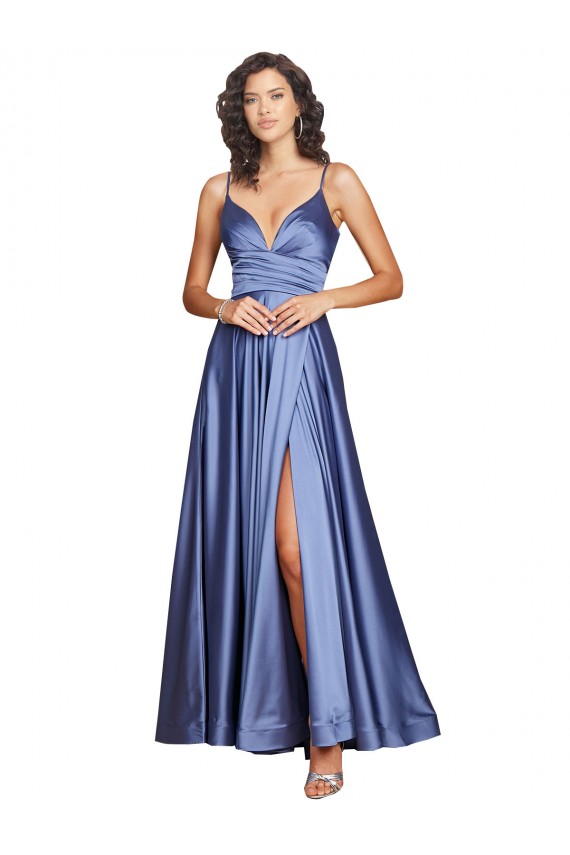 Online Deep V-Neck Sweetheart Long Silky Satin Prom Dress with Thigh High Slit UK