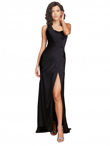 Online Full Length One Shoulder Ruffled Long Silky Satin Prom Dress with High Slit UK