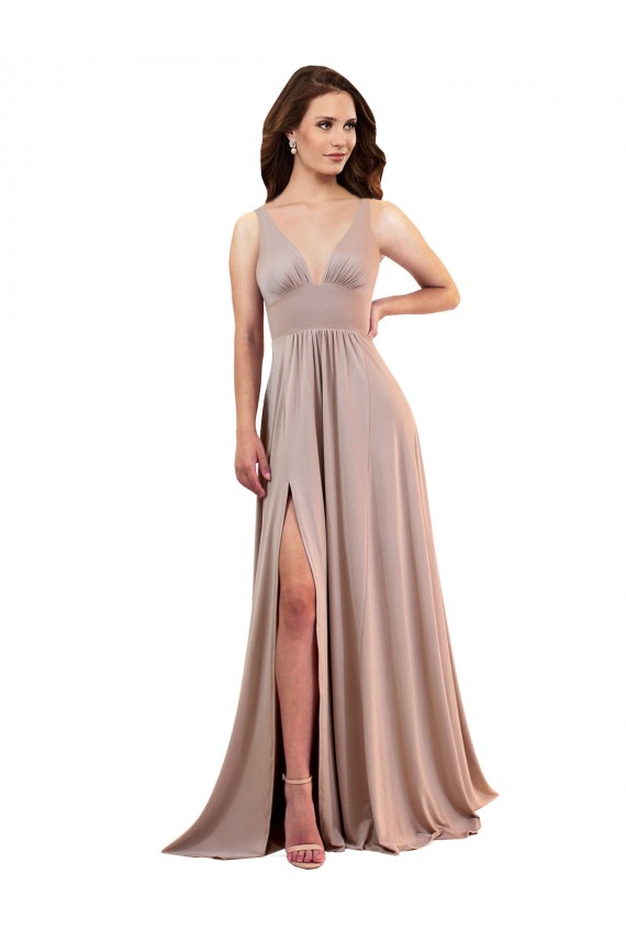 Online Long A-Line Plunge V-Neckline Spandex Prom Dress with Slit UK