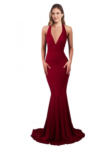 Online Halter Mermaid Plunge V-Neckline Open Back Bow Tie Spandex Prom Dress UK