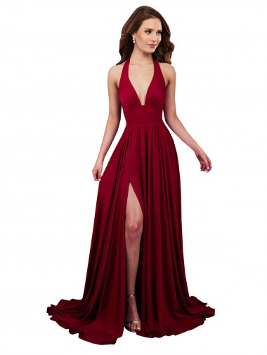 Online A-Line Halter Plunge V-Neckline Open Back Spandex Prom Dress with Slit UK