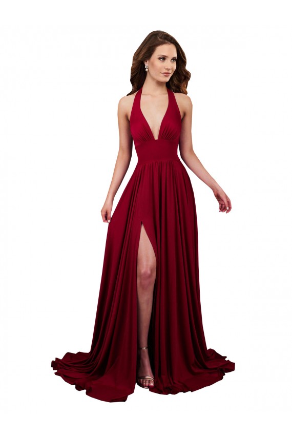 Online A-Line Halter Plunge V-Neckline Open Back Spandex Prom Dress with Slit UK