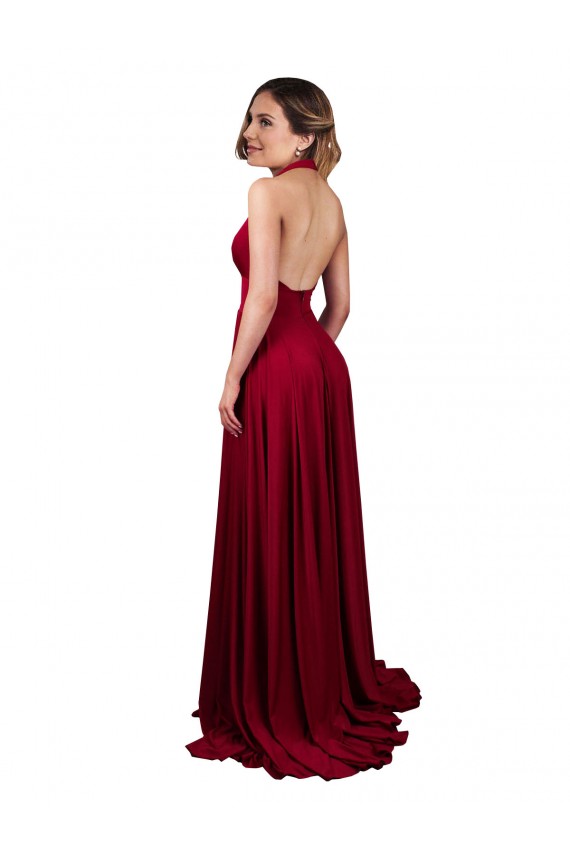 Online A-Line Halter Plunge V-Neckline Open Back Spandex Prom Dress with Slit UK