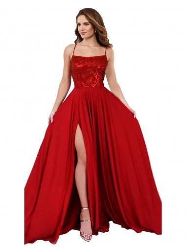 Online Lace Over Bodice Long Spandex Prom Dress with Slit UK