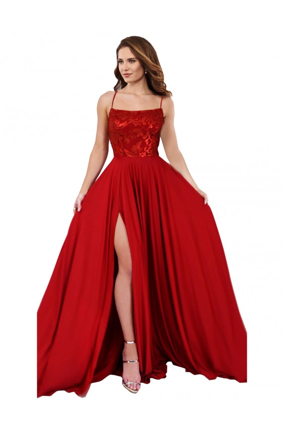 Online Lace Over Bodice Long Spandex Prom Dress with Slit UK
