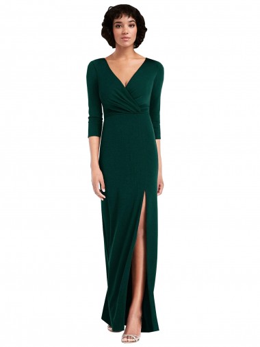Online Floor Length 3/4 Sleeves V-Back Draped Wrap Maxi Spandex Prom Dress UK