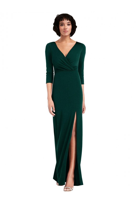 Online Floor Length 3/4 Sleeves V-Back Draped Wrap Maxi Spandex Prom Dress UK