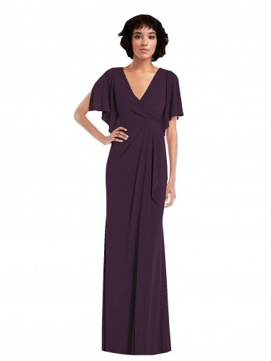 Online Faux Wrap Split Sleeves Maxi Spandex Prom Dress with Cascade Skirt UK