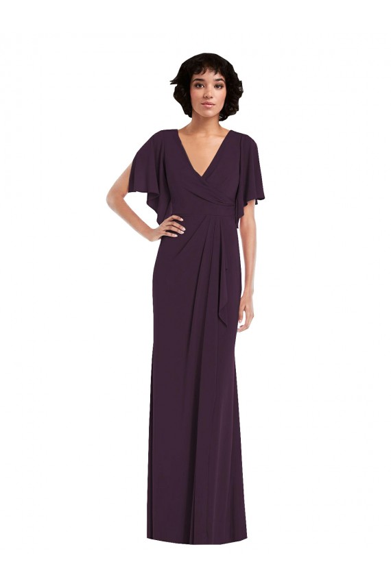 Online Faux Wrap Split Sleeves Maxi Spandex Prom Dress with Cascade Skirt UK