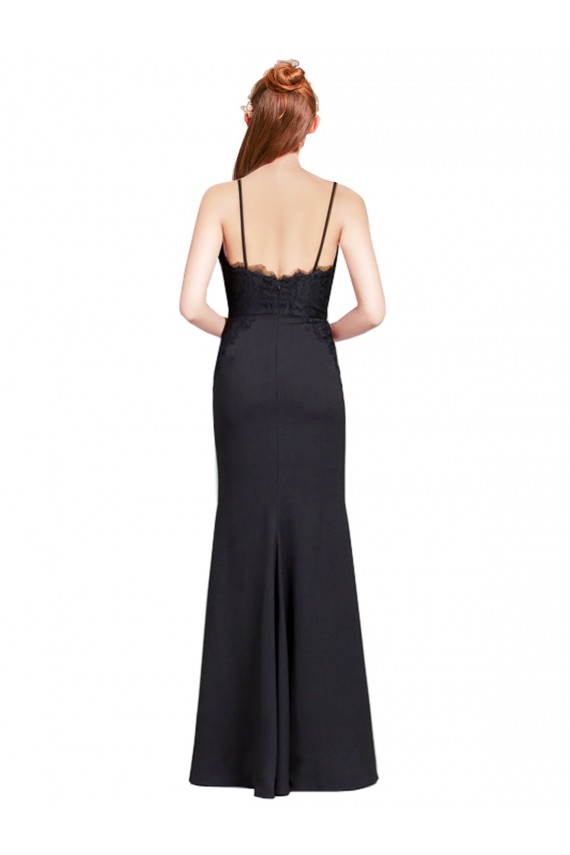 Online Long Chiffon Prom Dress with Lace Bodice and Curved V-Neckline UK