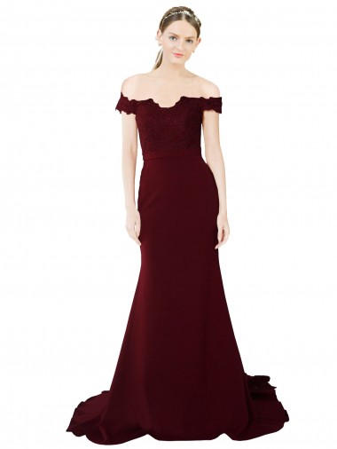Online Full Length Off the Shoulder Formal Crepe Prom Dress with Lace On Bodice and Back UK