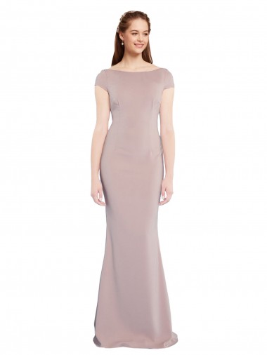 Online Boat Neck Cap Sleeve Crepe Prom Dress with Plunging Tie Back UK