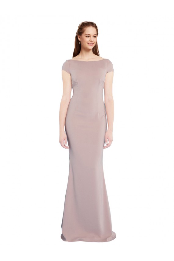 Online Boat Neck Cap Sleeve Crepe Prom Dress with Plunging Tie Back UK