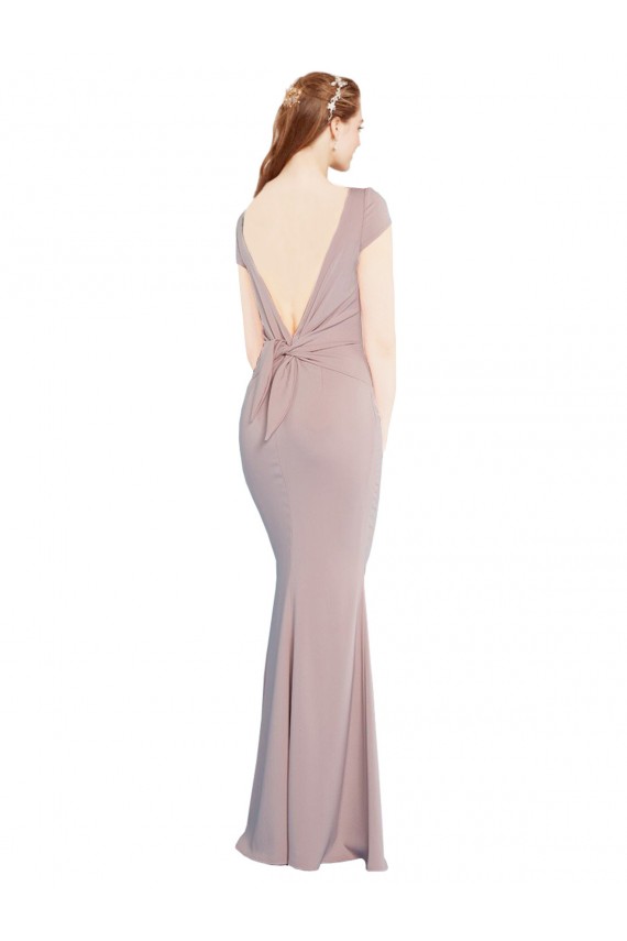 Online Boat Neck Cap Sleeve Crepe Prom Dress with Plunging Tie Back UK