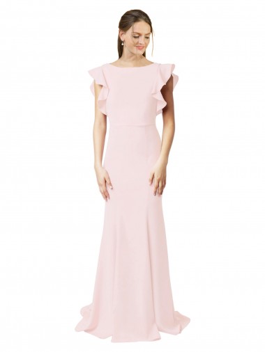 Online Low V-Back Long Mermaid Crepe Prom Dress with Ruffled Sleeves UK