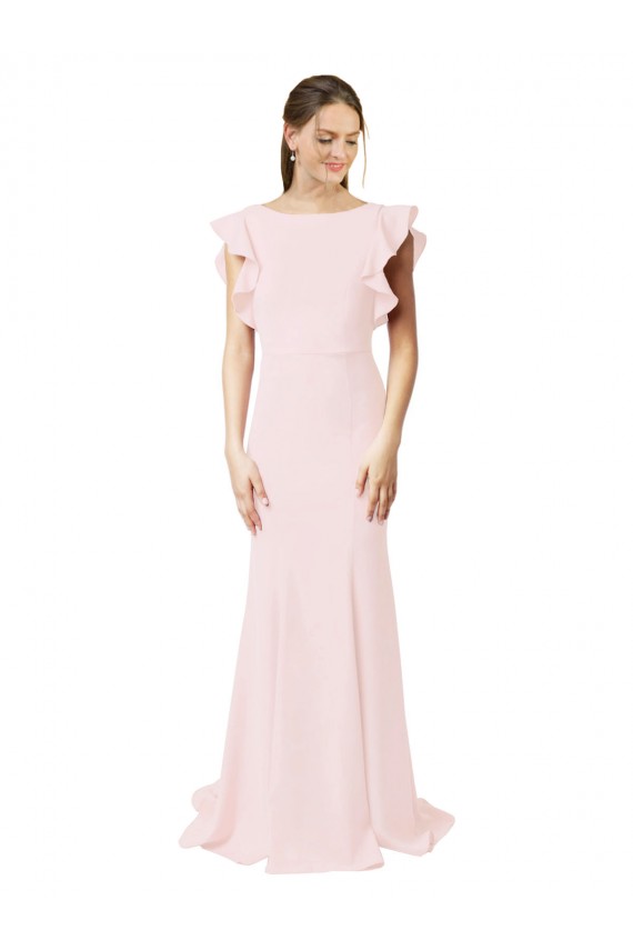 Online Low V-Back Long Mermaid Crepe Prom Dress with Ruffled Sleeves UK