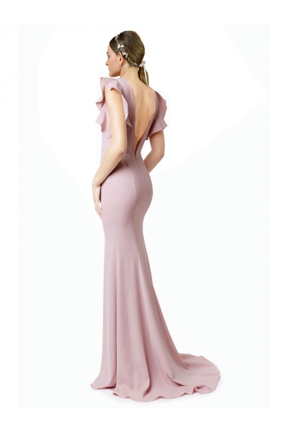 Online Low V-Back Long Mermaid Crepe Prom Dress with Ruffled Sleeves UK