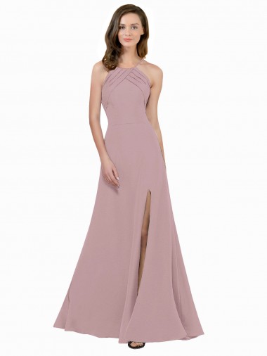 Online High Neck Crepe Prom Dress with Pleats and Keyhole Back UK