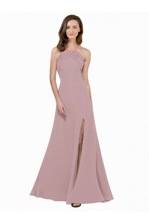 Online High Neck Crepe Prom Dress with Pleats and Keyhole Back UK