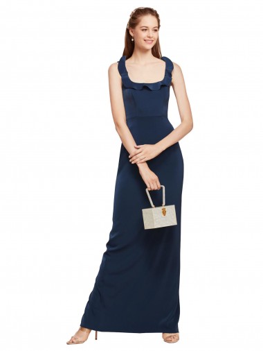Online Scoop Neck with Ruffles Long Crepe Prom Dress with Back Slit UK